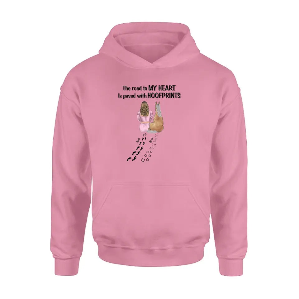 Personalized Horse Mom Shirt/Hoodie - Gift Idea For Horse Lover - Up to 3 Horses - The Road To My Heart Is Paved With Hoofprints