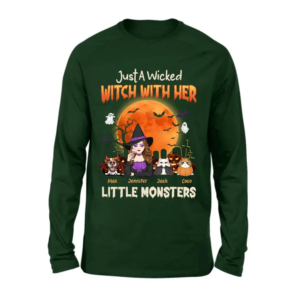 Personalized Witch Pet Mom T-shirt/Sweatshirt/Long Sleeve/Hoodie - Up to 3 Dogs/Cats - Halloween Gift For Cat/Dog Mom - Just A Wicked Witch With Her Little Monsters