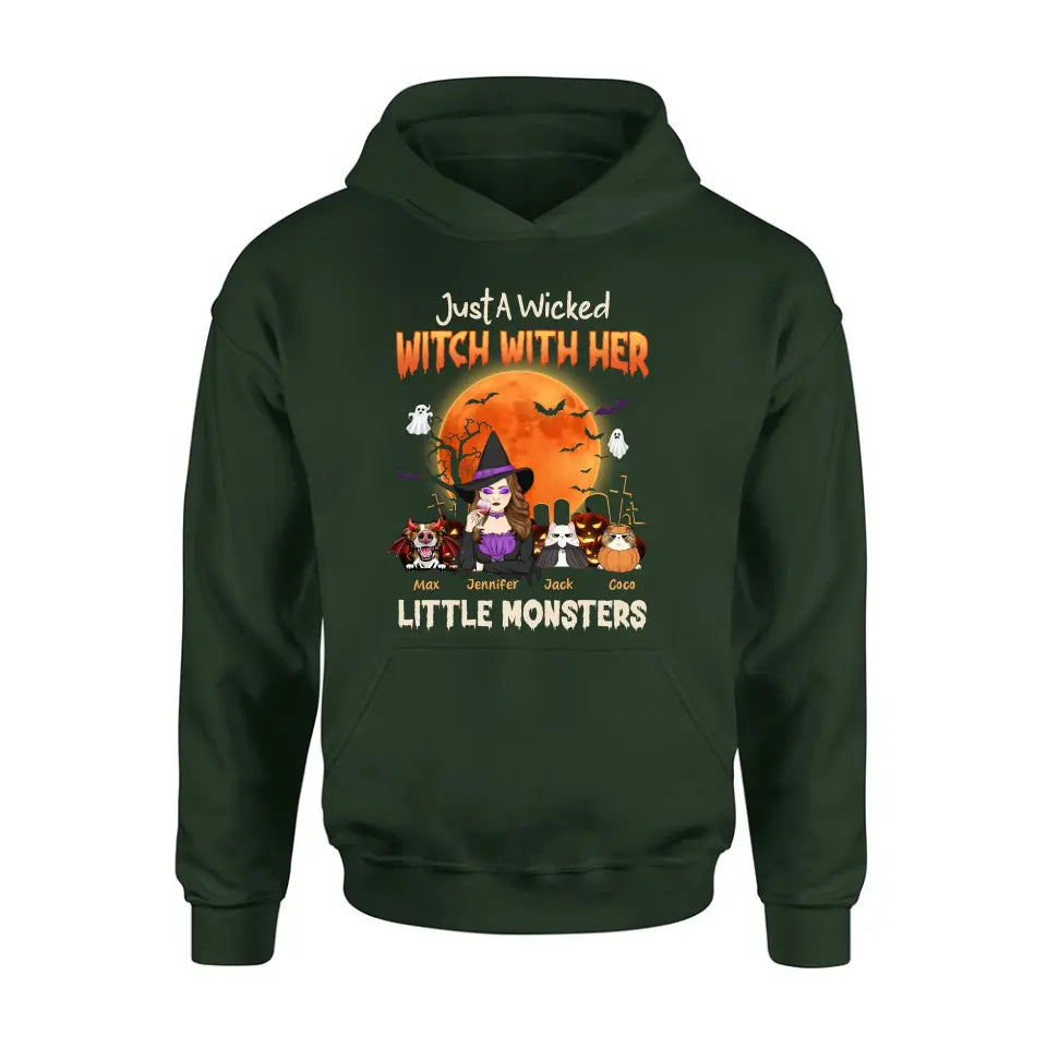 Personalized Witch Pet Mom T-shirt/Sweatshirt/Long Sleeve/Hoodie - Up to 3 Dogs/Cats - Halloween Gift For Cat/Dog Mom - Just A Wicked Witch With Her Little Monsters