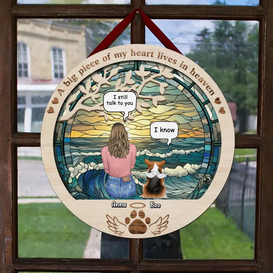 Personalized Memorial Pet Wooden Sign - Memorial Gift For Dog/Cat/Rabbit Owner - Up to 6 Pets - A Big Piece Of My Heart Lives In Heaven