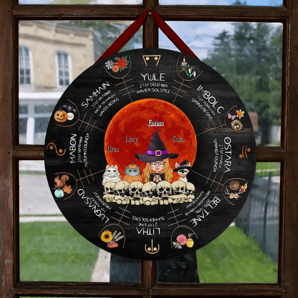 Personalized Witch Mom Circle Door Sign - Best Gift Idea For Halloween/Mom/Pet Lovers - Up to 3 Pets - Winter Solstice