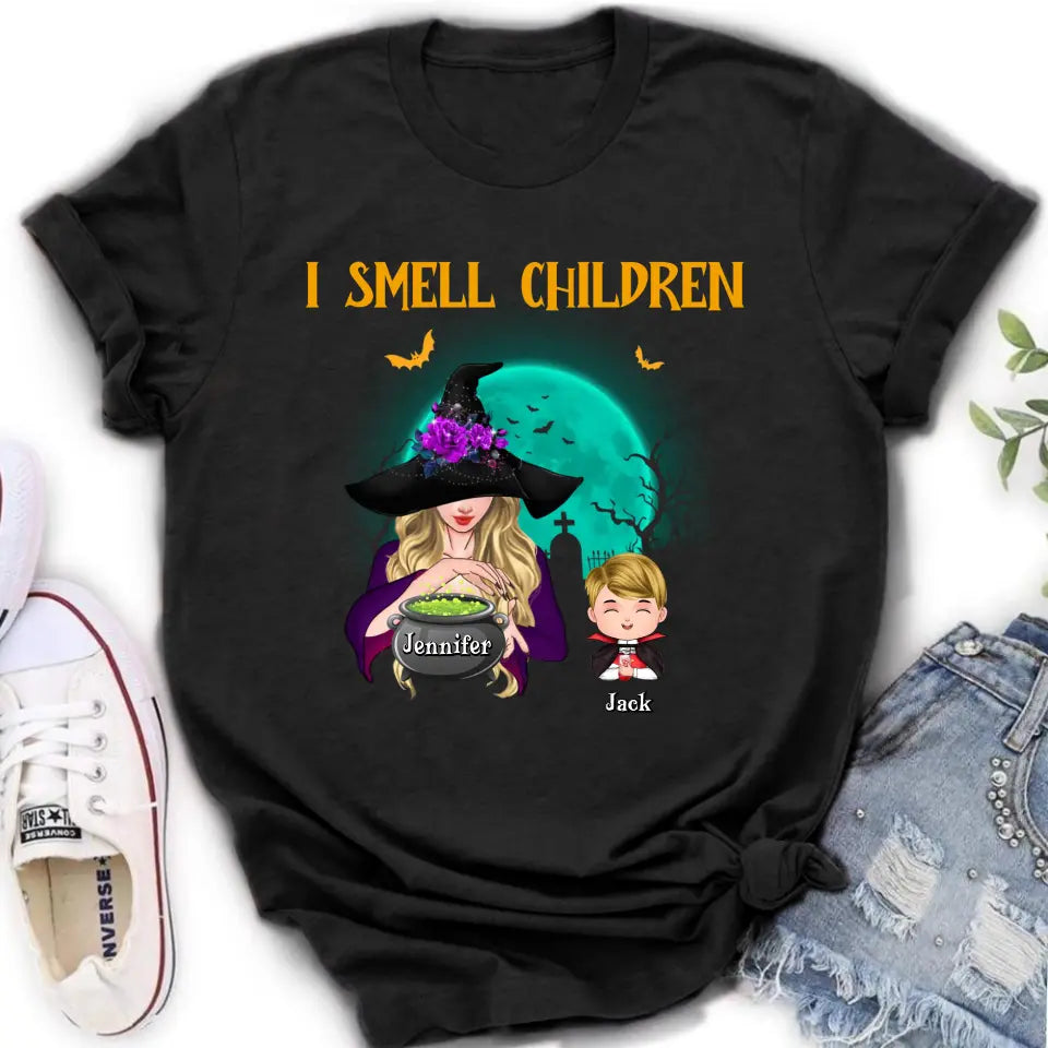 Personalized Witch Shirt/Hoodie - Halloween Gift Idea For Grandma/Mother - Woman With Up to 6 Kids - I Smell Children