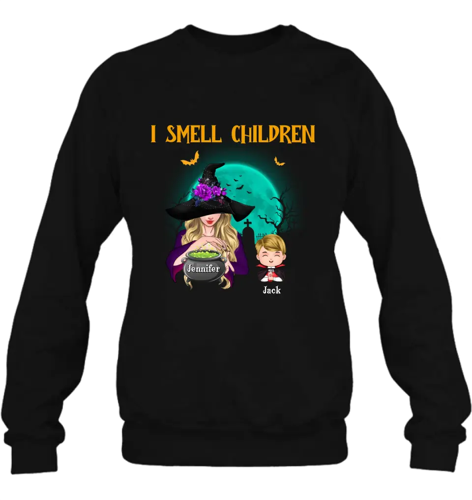 Personalized Witch Shirt/Hoodie - Halloween Gift Idea For Grandma/Mother - Woman With Up to 6 Kids - I Smell Children