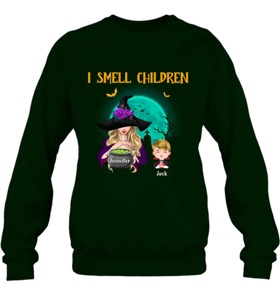 Personalized Witch Shirt/Hoodie - Halloween Gift Idea For Grandma/Mother - Woman With Up to 6 Kids - I Smell Children