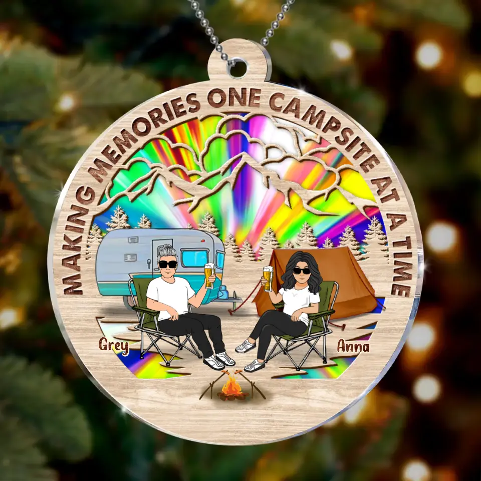 Personalized Camping Couple Suncatcher Acrylic Ornament - Gift Idea For Camping/Dog/Cat Lover - Up to 4 Pets - Making Memories One Campsite At A Time
