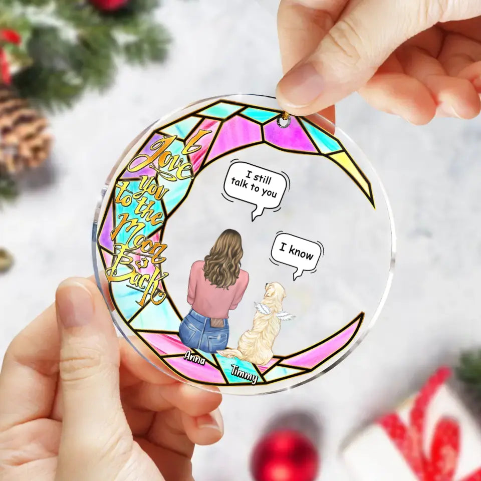 Personalized Memorial Pet Stained Glass Suncatcher Acrylic Ornament - Adult/Couple With Up to 4 Pets - Memorial Gift Idea For Dog/Cat/Rabbit Lovers - I Love You To The Moon & Back