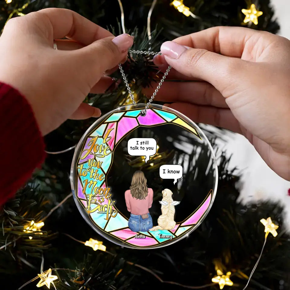 Personalized Memorial Pet Stained Glass Suncatcher Acrylic Ornament - Adult/Couple With Up to 4 Pets - Memorial Gift Idea For Dog/Cat/Rabbit Lovers - I Love You To The Moon & Back