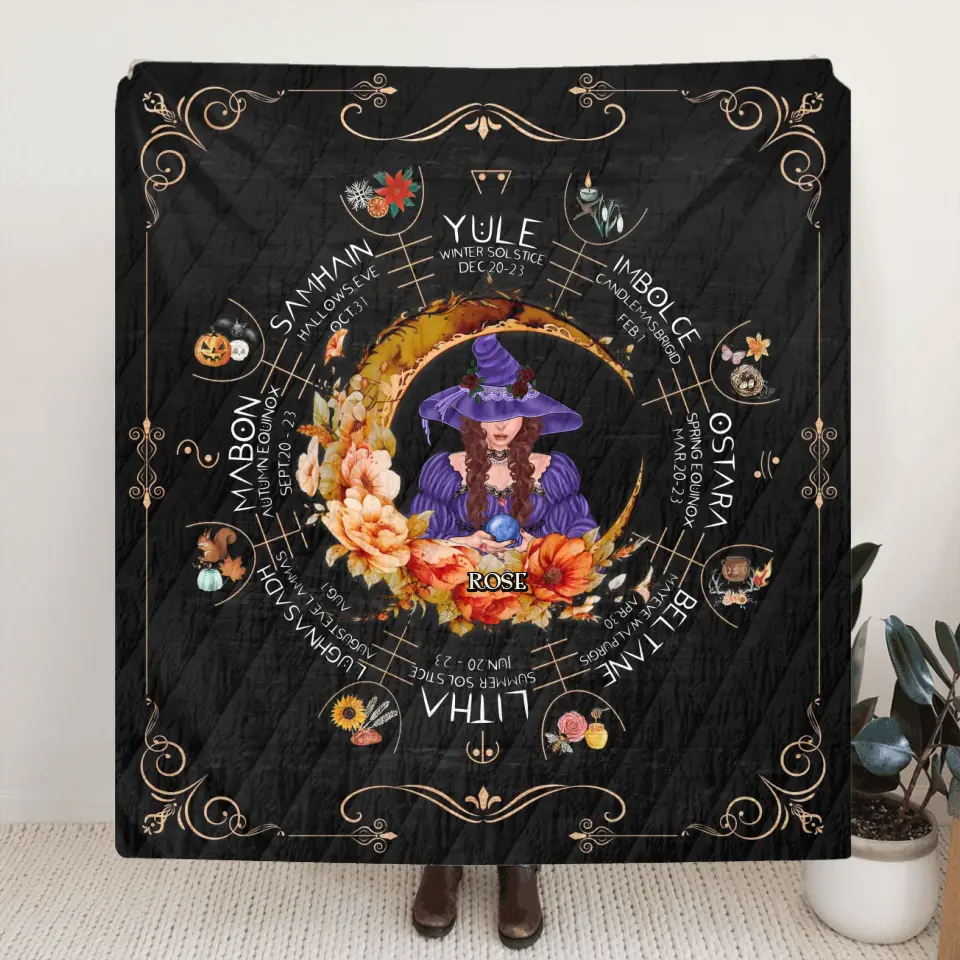 Personalized Witch Calendar Floral Frame Fleece Throw Blanket/Quilt - Gift Idea For Halloween/Witch Lovers