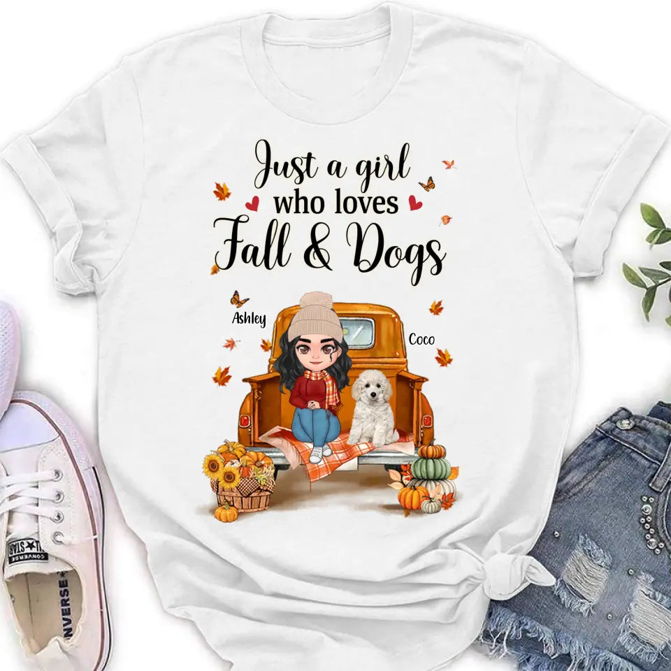 Personalized Autumn Dog Mom Shirt/Hoodie - Gift Idea For Dog Lovers - Up to 5 Dogs - Just A Girl Who Loves Fall And Dogs