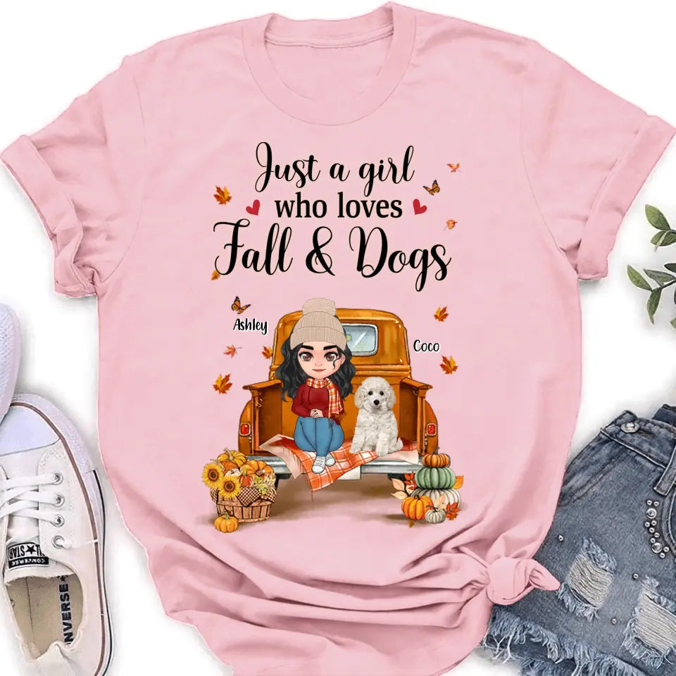 Personalized Autumn Dog Mom Shirt/Hoodie - Gift Idea For Dog Lovers - Up to 5 Dogs - Just A Girl Who Loves Fall And Dogs