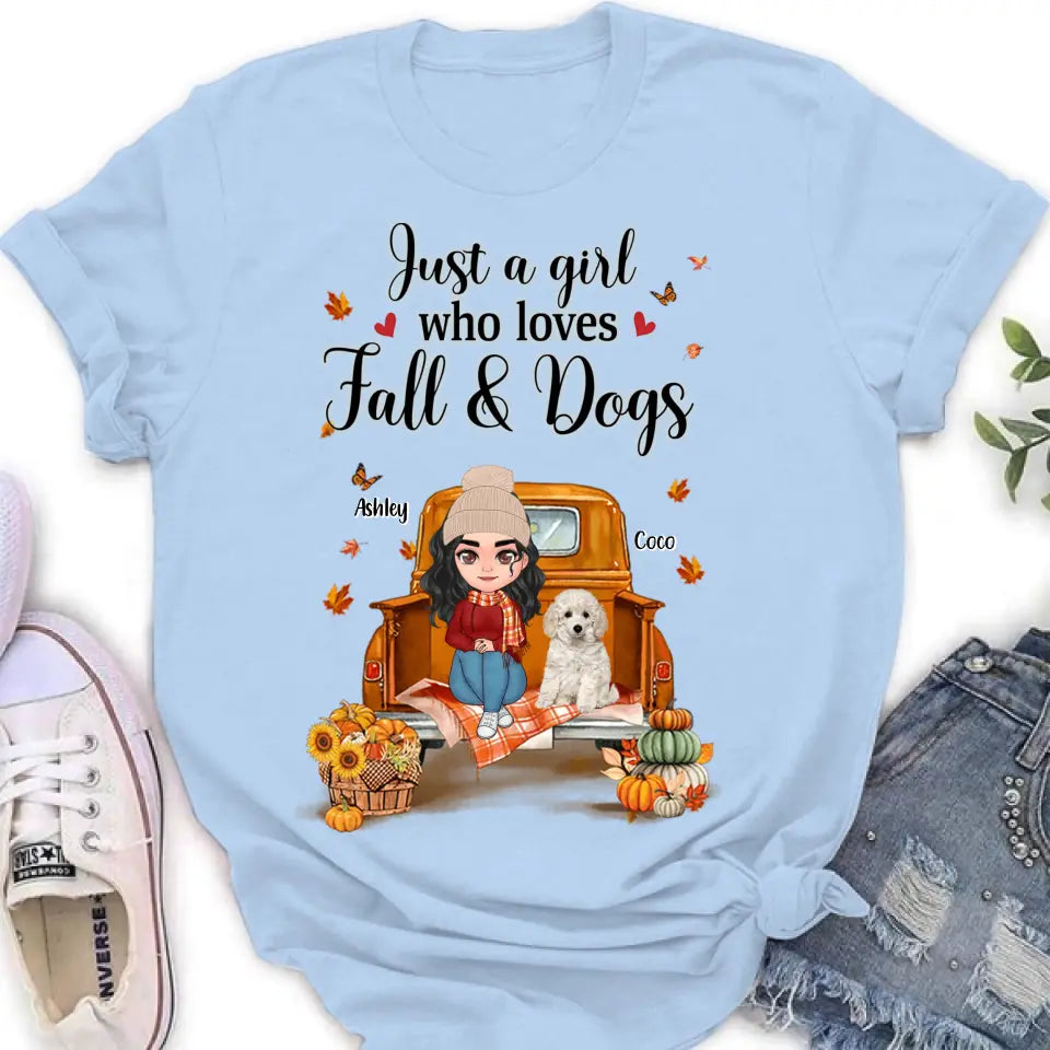 Personalized Autumn Dog Mom Shirt/Hoodie - Gift Idea For Dog Lovers - Up to 5 Dogs - Just A Girl Who Loves Fall And Dogs
