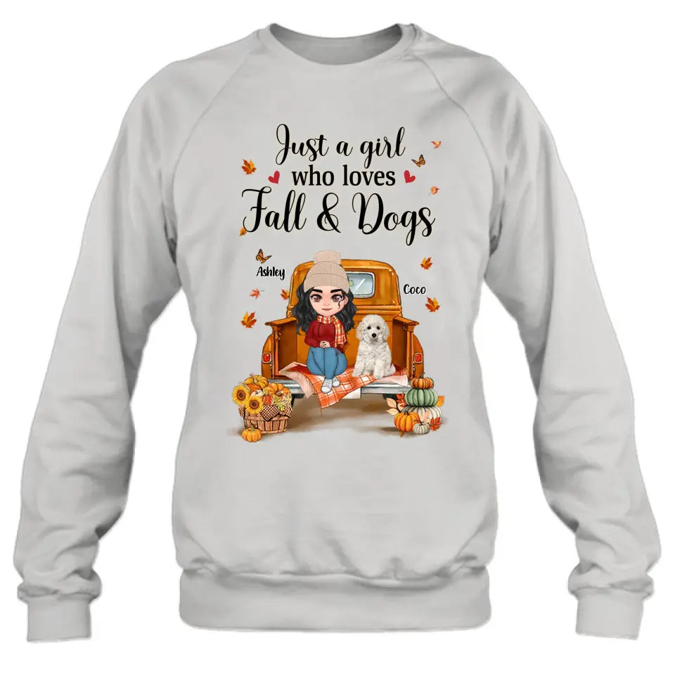 Personalized Autumn Dog Mom Shirt/Hoodie - Gift Idea For Dog Lovers - Up to 5 Dogs - Just A Girl Who Loves Fall And Dogs