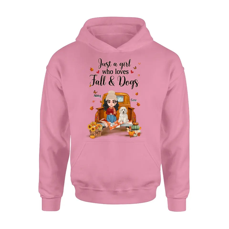 Personalized Autumn Dog Mom Shirt/Hoodie - Gift Idea For Dog Lovers - Up to 5 Dogs - Just A Girl Who Loves Fall And Dogs