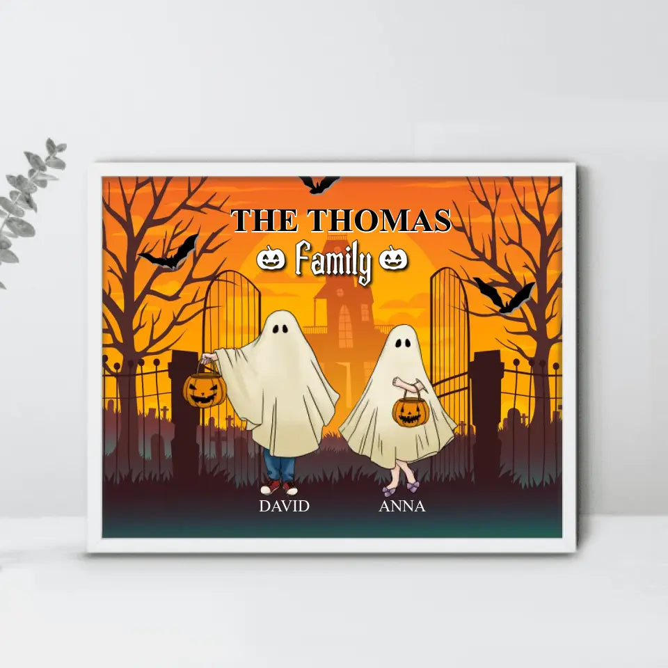 Personalized Halloween Ghost Family Unframed Horizontal Poster - Halloween Gift For Couple/Family - Up to 5 People With 4 Pets - The Thomas Family