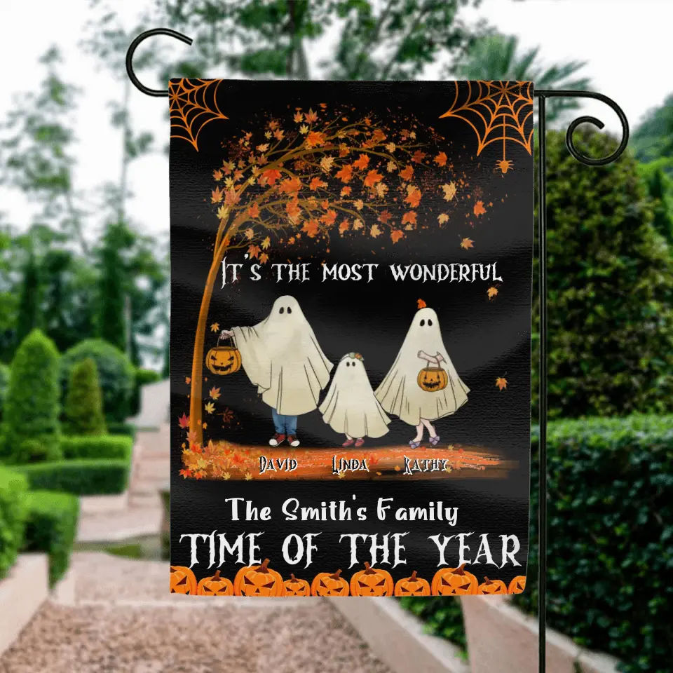 Personalized Halloween Ghost Family Flag Sign - Halloween Gift For Couple/Family - Up to 6 People With 3 Pets - It's The Most Wonderful Time Of The Year