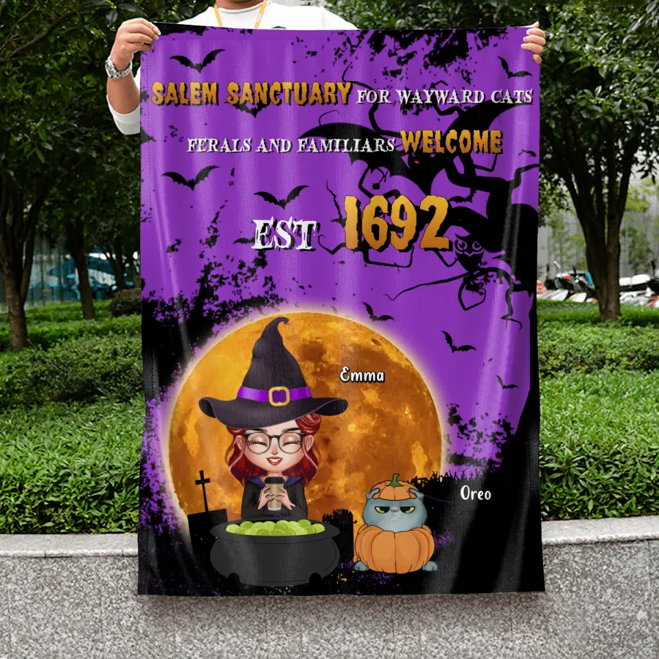 Personalized Wicked Witch Flag Sign - Halloween Gift For Couple/Dog/Cat Lovers - Adult/Couple With Up to 4 Pets - Salem Sanctuary For Wayward Cats Ferals And Familiars Welcome Est 1692