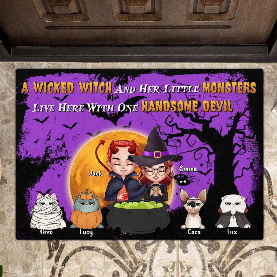 Personalized Witch Doormat - Halloween Gift For Dog/Cat Lovers - Adult/Couple With Up to 6 Pets - A Wicked Witch And Her Little Monsters Live Here