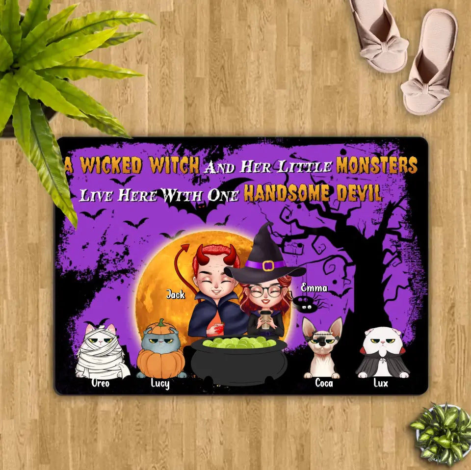 Personalized Witch Doormat - Halloween Gift For Dog/Cat Lovers - Adult/Couple With Up to 6 Pets - A Wicked Witch And Her Little Monsters Live Here