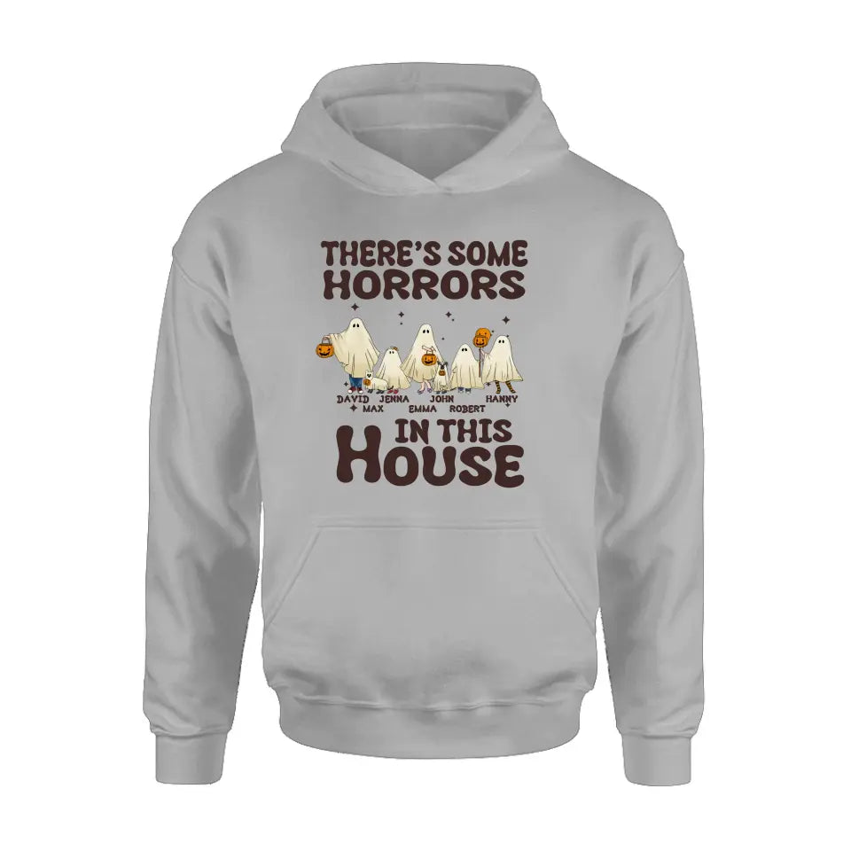 Personalized Halloween Ghost Family Shirt/Hoodie - Halloween Gift For Couple/Family - Up to 5 People With 4 Pets - There's Some Horrors In This House