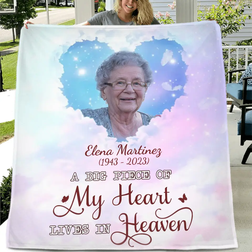 Personalized Memorial Photo Fleece Throw Blanket/Quilt - Memorial Gift Idea For Family Member - A Big Piece Of My Heart Lives In Heaven