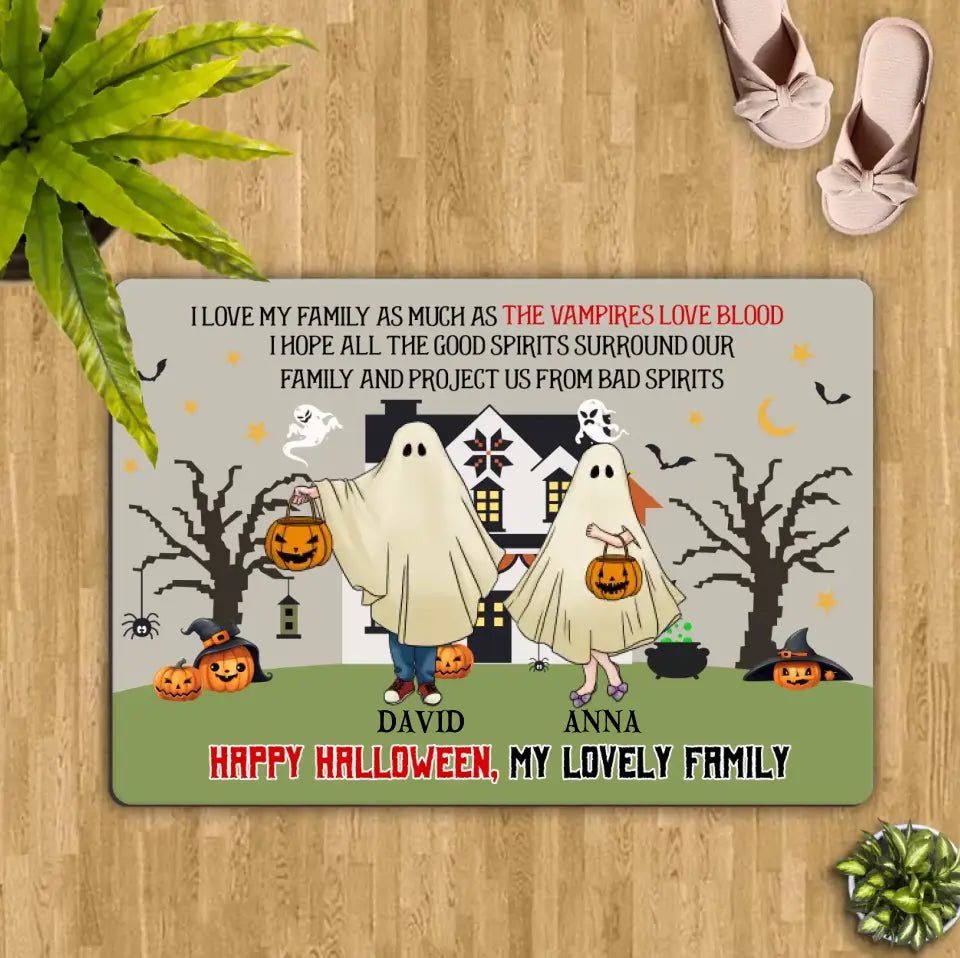 Personalized Halloween Ghost Family Doormat - Halloween Gift For Couple/Family - Up to 5 People With 4 Pets - I Love My Family