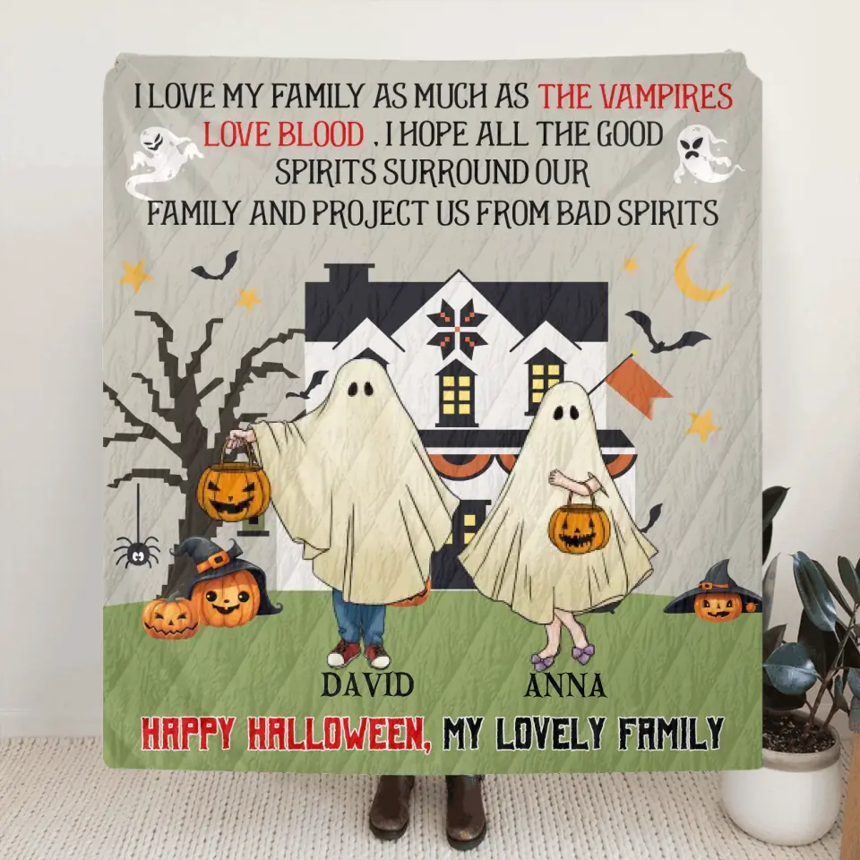 Personalized Halloween Ghost Family Quilt/Fleece Throw Blanket - Halloween Gift For Couple/Family - Up to 5 People With 4 Pets - I Love My Family