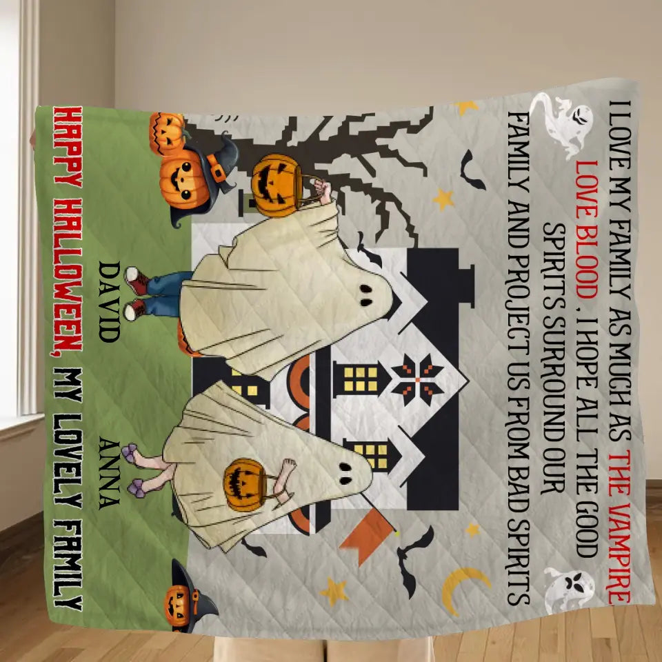 Personalized Halloween Ghost Family Quilt/Fleece Throw Blanket - Halloween Gift For Couple/Family - Up to 5 People With 4 Pets - I Love My Family