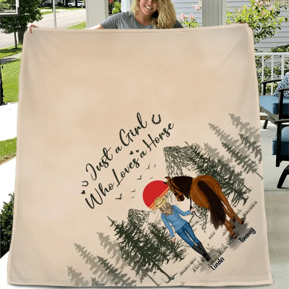Personalized Horse Girl Fleece Throw Blanket/Quilt - Gift Idea For Horse Lovers - Up To 6 Horses - Just A Girl Who Loves A House