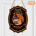Personalized Witch Wooden Sign - Up to 6 Cats/Dogs - Halloween Gift Idea for Dog/Cat Lovers - Home Of A Happy Little Witch & Her Monster