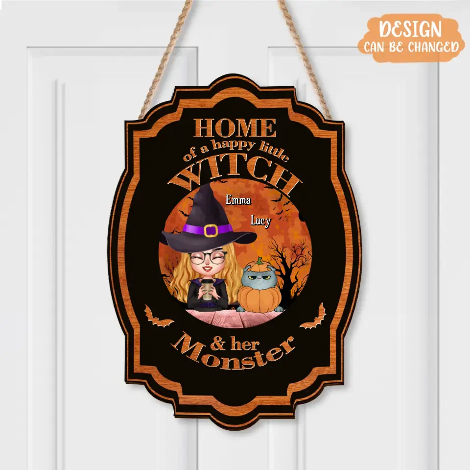 Personalized Witch Wooden Sign - Up to 6 Cats/Dogs - Halloween Gift Idea for Dog/Cat Lovers - Home Of A Happy Little Witch & Her Monster