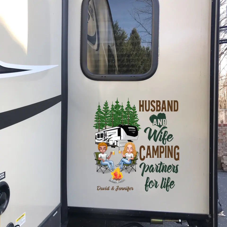 Personalized Husband And Wife Camping 3D Decal - Gift Idea For Couple/Camping Lovers/RVs Owners - Let's Sit By The Campfire And Watch People Park Their Campers