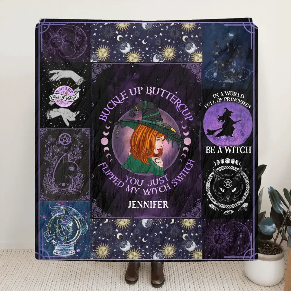 Personalized Witch Quilt/Fleece Throw Blanket - Halloween Gift Idea For Witch Lovers - Buckle Up Buttercup