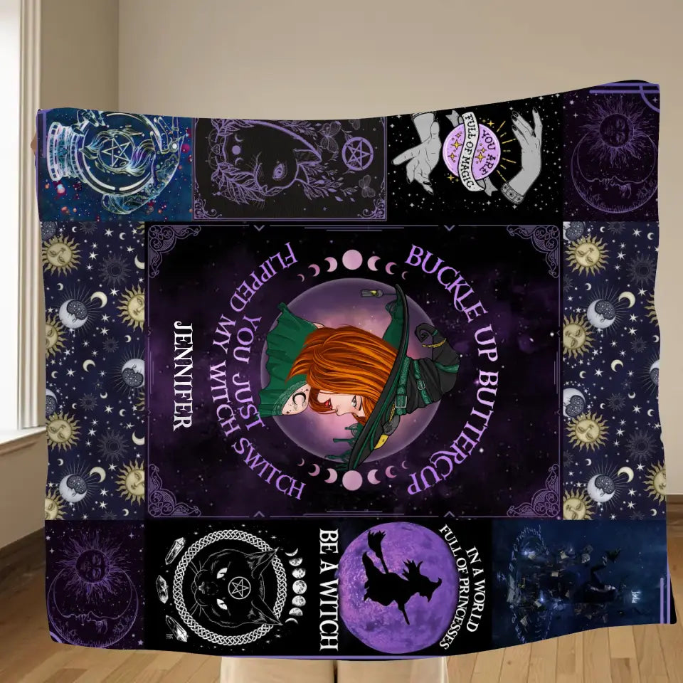 Personalized Witch Quilt/Fleece Throw Blanket - Halloween Gift Idea For Witch Lovers - Buckle Up Buttercup