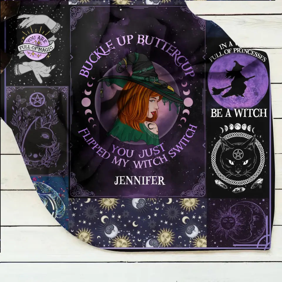 Personalized Witch Quilt/Fleece Throw Blanket - Halloween Gift Idea For Witch Lovers - Buckle Up Buttercup
