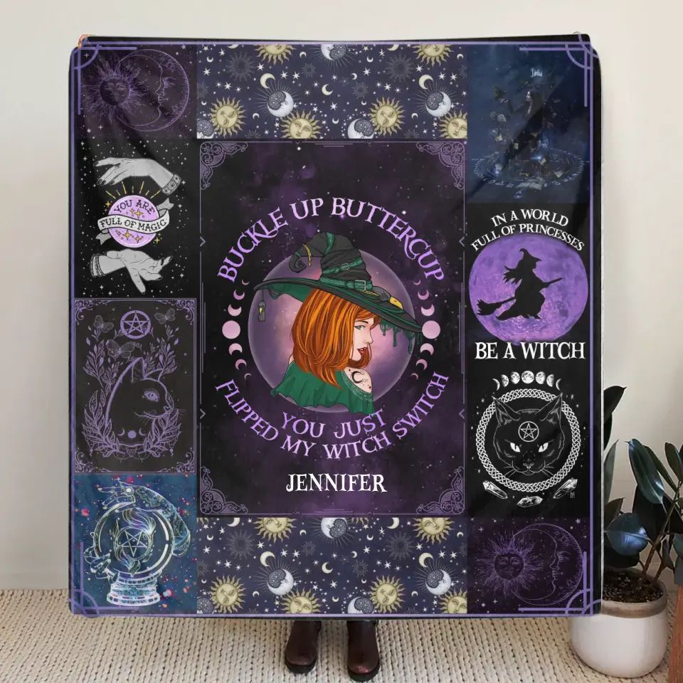 Personalized Witch Quilt/Fleece Throw Blanket - Halloween Gift Idea For Witch Lovers - Buckle Up Buttercup