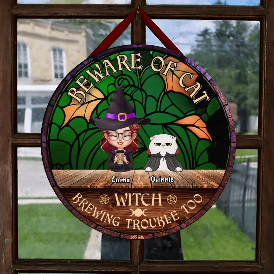 Personalized Witch Wooden Sign - Single/Couple with Up to 6 Cats/Dogs - Gift Idea For Halloween/Pet Lovers - Beware Of Cat Witch Brewing Trouble Too