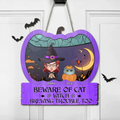 Personalized Witch Wooden Sign - Single/Couple with Up to 4 Cats/Dogs - Gift Idea For Halloween/Pet Lovers - Beware Of Cat Witch Brewing Trouble Too