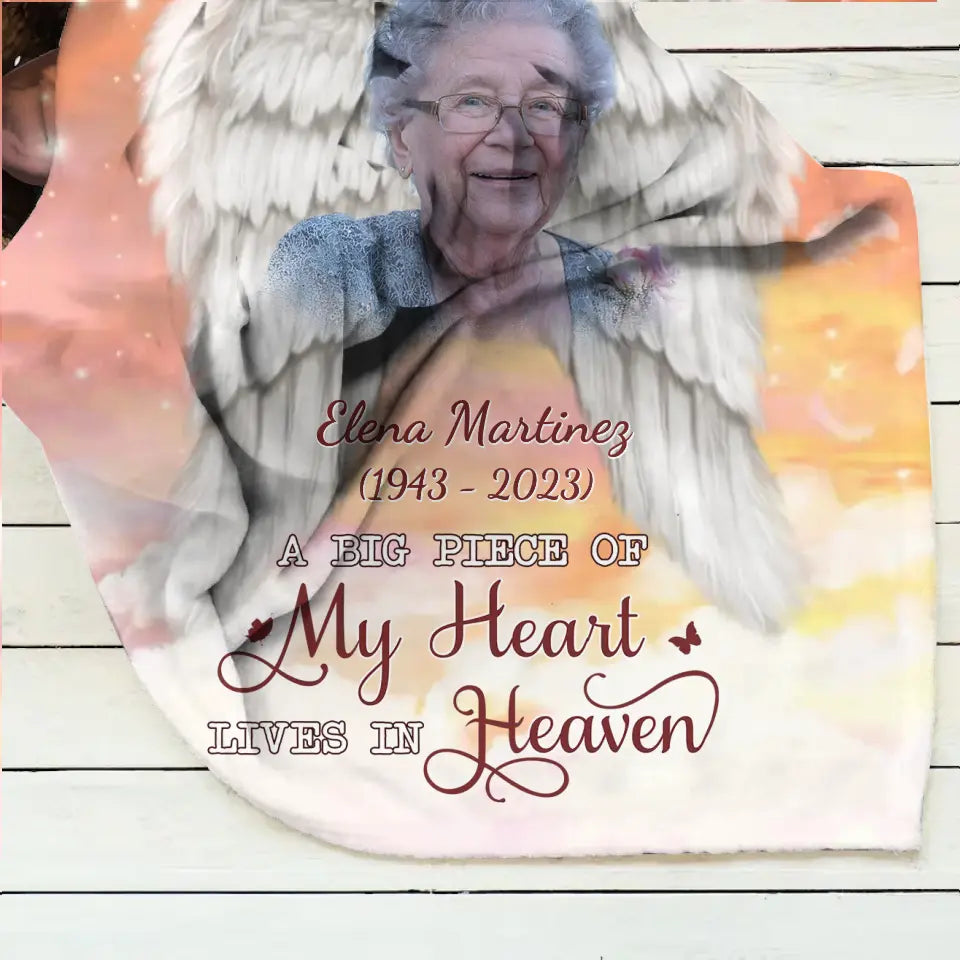 Personalized Memorial Photo Fleece Throw Blanket/Quilt - Memorial Gift Idea for Family - A Big Piece Of My Heart Lives In Heaven