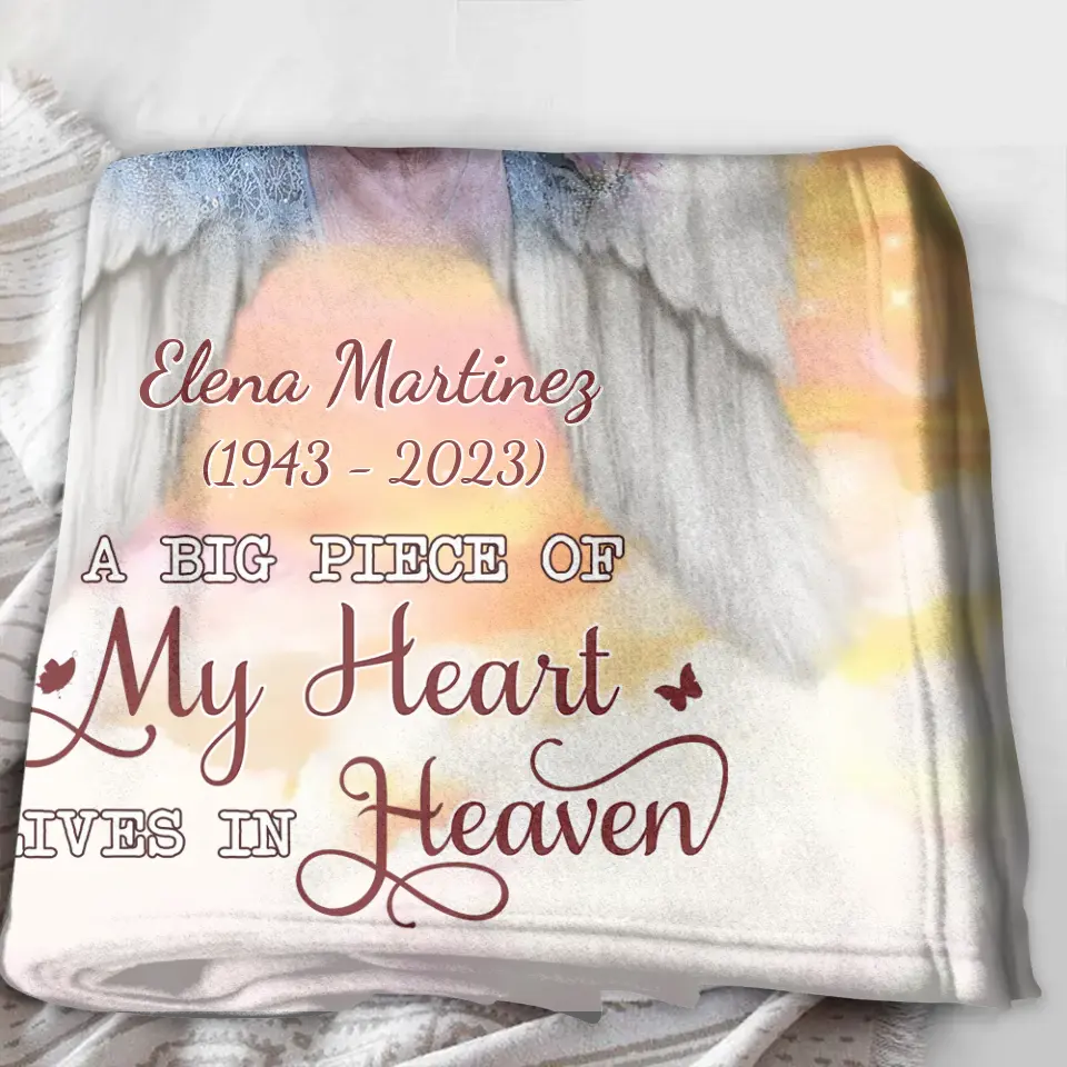 Personalized Memorial Photo Fleece Throw Blanket/Quilt - Memorial Gift Idea for Family - A Big Piece Of My Heart Lives In Heaven