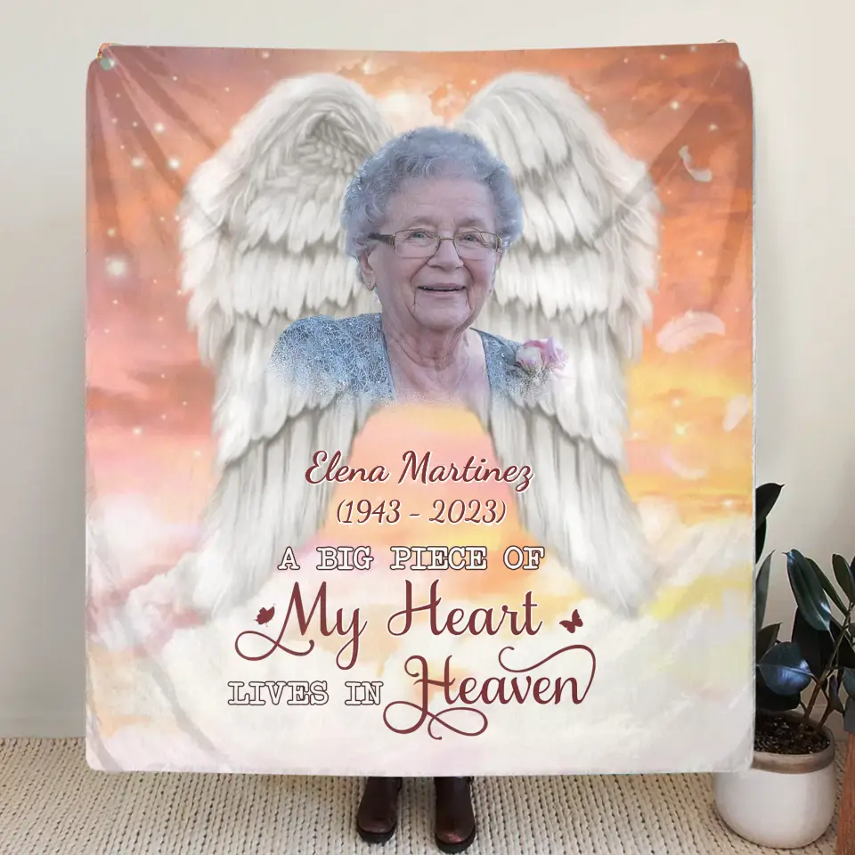 Personalized Memorial Photo Fleece Throw Blanket/Quilt - Memorial Gift Idea for Family - A Big Piece Of My Heart Lives In Heaven
