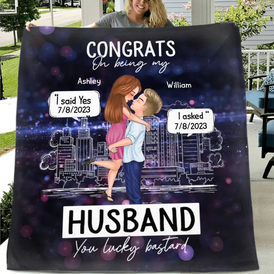 Personalized Couple Quilt/Single Layer Fleece Blanket - Wedding/Anniversary Gift Idea for Couple -Congrats On Being My Husband You Lucky Bastard