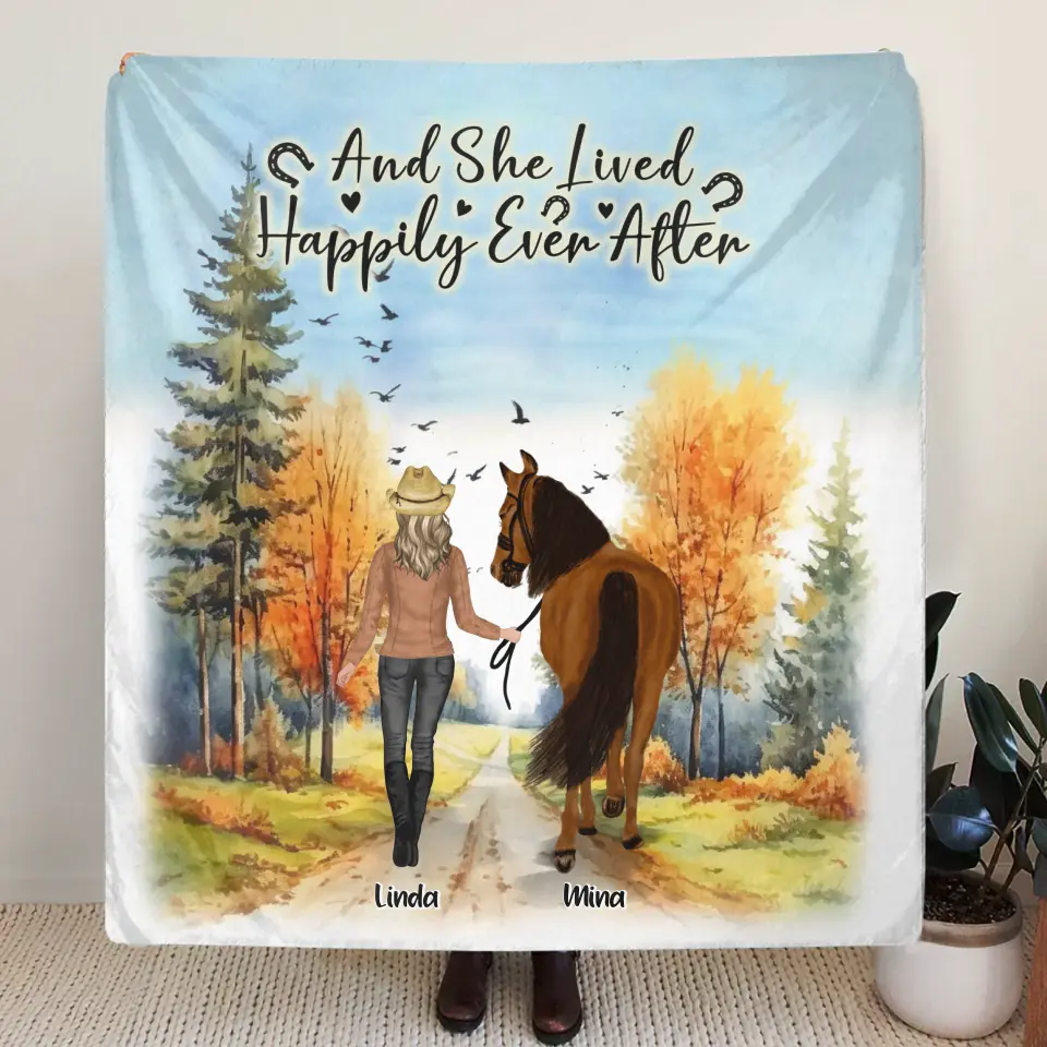 Personalized Horse Girl Fall Season Quilt/Fleece Throw Blanket - Gift Idea For Horse Lovers - Up To 6 Horses - Just A Girl Who Loves Horses