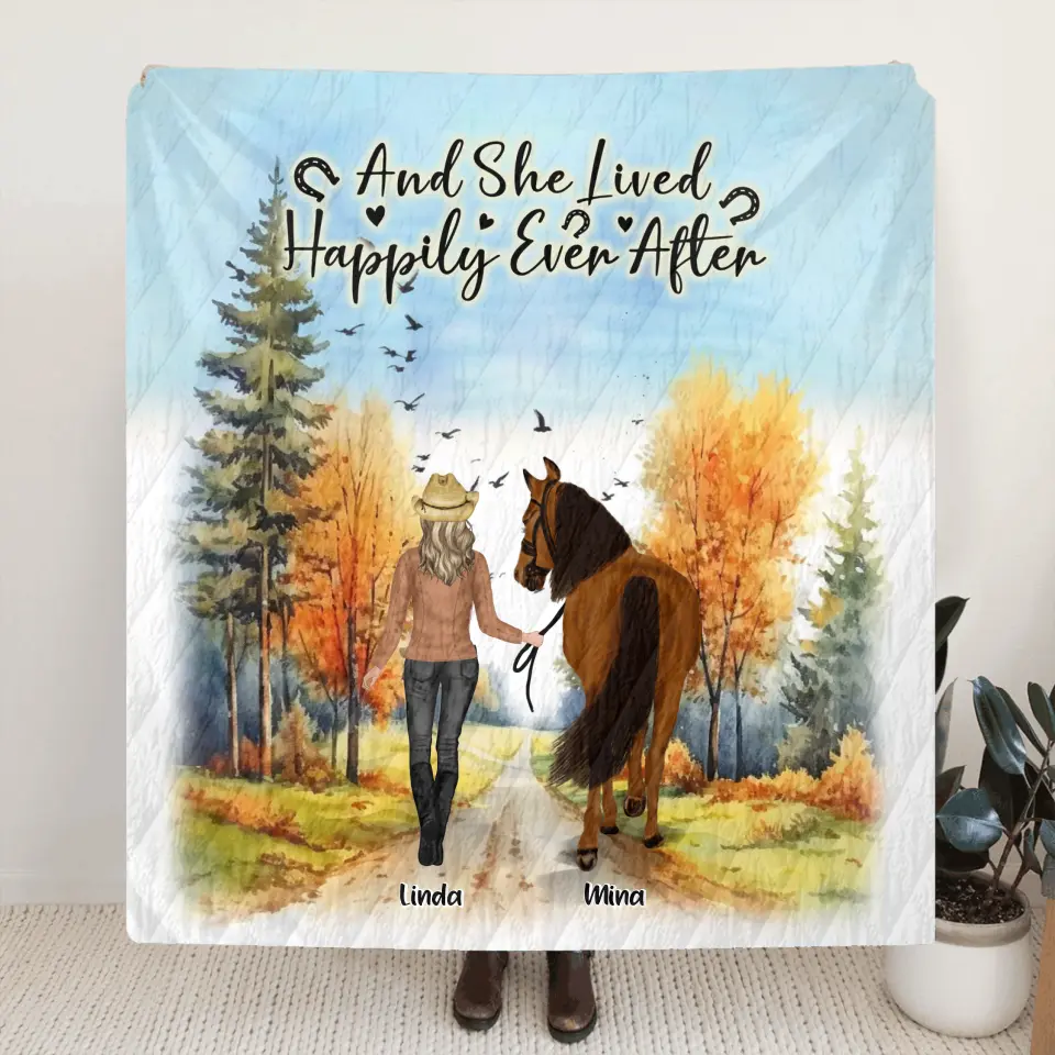 Personalized Horse Girl Fall Season Quilt/Fleece Throw Blanket - Gift Idea For Horse Lovers - Up To 6 Horses - Just A Girl Who Loves Horses