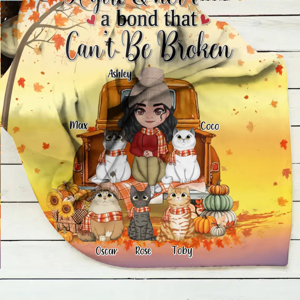 Personalized Cat Mom Fall Season Quilt/Fleece Throw Blanket - Gift Idea For Cat Lovers - Up To 5 Cats - A Girl & Her Cats A Bond That Can't Be Broken