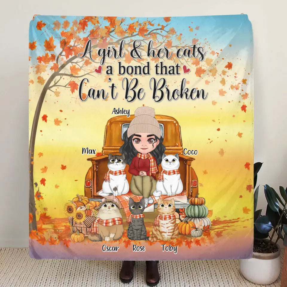 Personalized Cat Mom Fall Season Quilt/Fleece Throw Blanket - Gift Idea For Cat Lovers - Up To 5 Cats - A Girl & Her Cats A Bond That Can't Be Broken