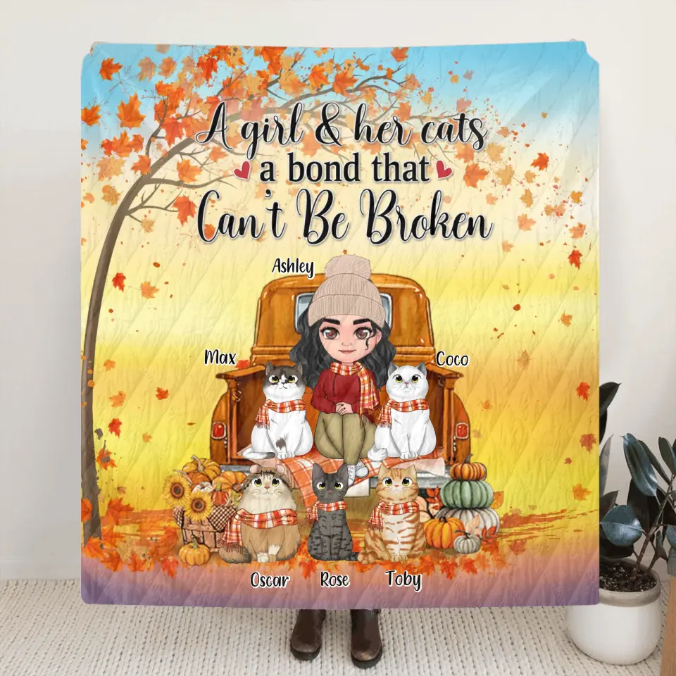 Personalized Cat Mom Fall Season Quilt/Fleece Throw Blanket - Gift Idea For Cat Lovers - Up To 5 Cats - A Girl & Her Cats A Bond That Can't Be Broken