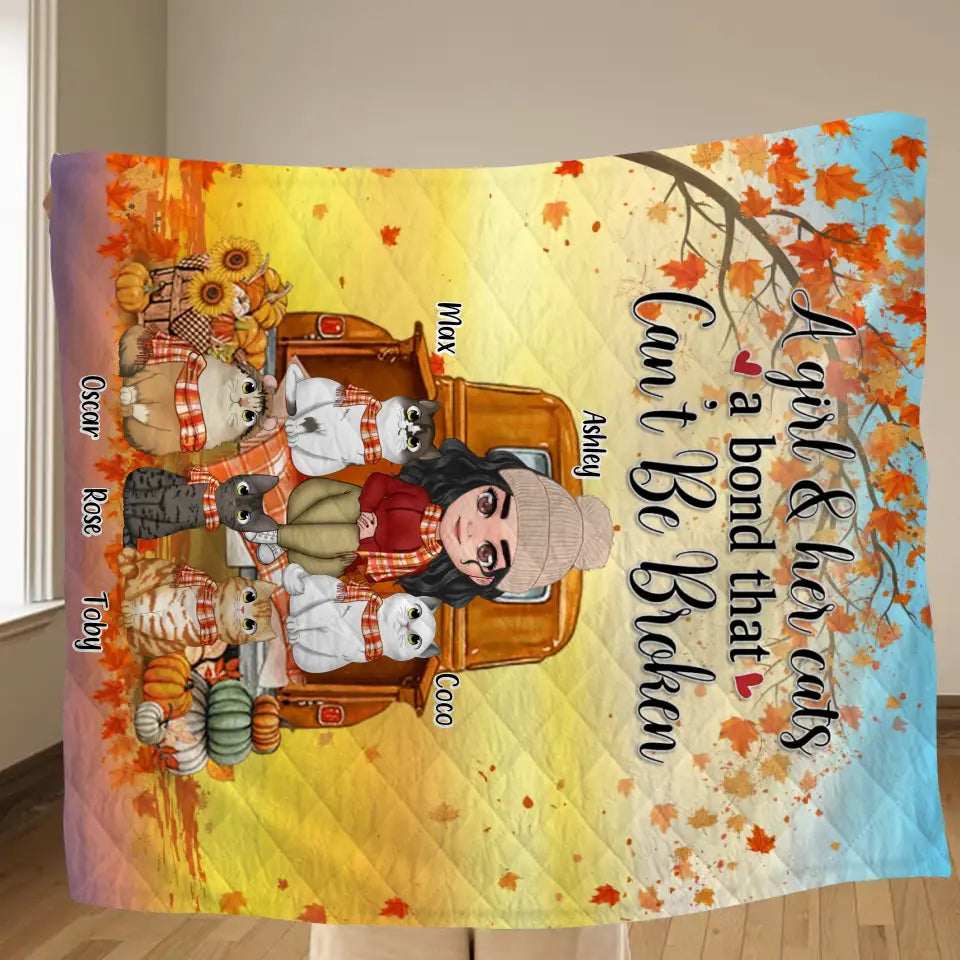 Personalized Cat Mom Fall Season Quilt/Fleece Throw Blanket - Gift Idea For Cat Lovers - Up To 5 Cats - A Girl & Her Cats A Bond That Can't Be Broken