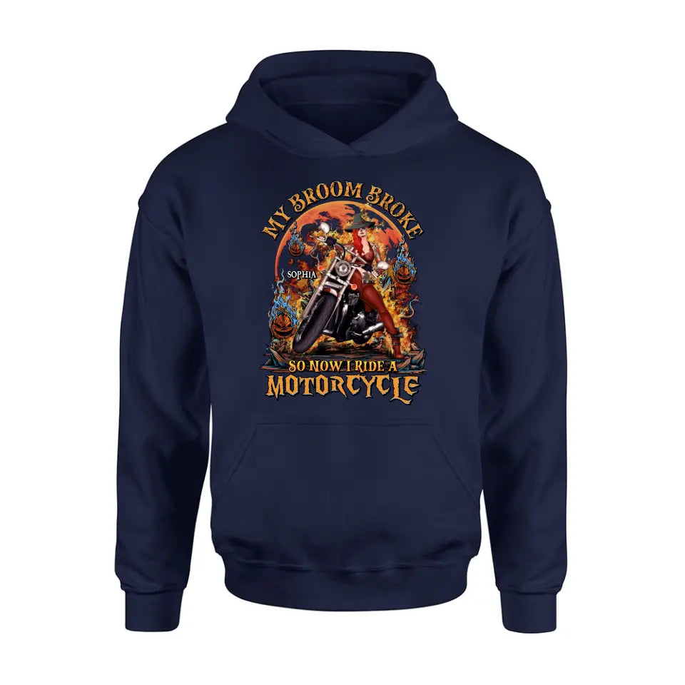 Personalized Witch Biker Shirt/Hoodie -  Halloween Gift Idea for Bikers - My Broom Broke So Now I Ride A Motorcycle