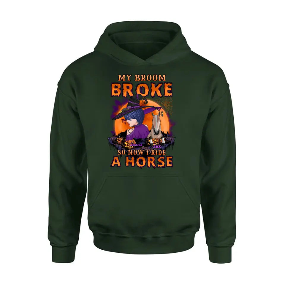 Personalized Witch Shirt/Hoodie - Up to 2 Horses/Dogs/Cats - Halloween Gift Idea for Horse Lovers - My Broom Broke So Now I Ride A Horse