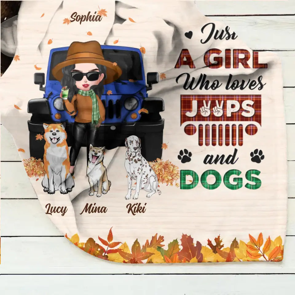 Personalized Off-road Autumn Girl Fleece Throw Blanket/Quilt - Gift Idea For Girl/Dog Lovers - Up to 3 Dogs - Just A Girl